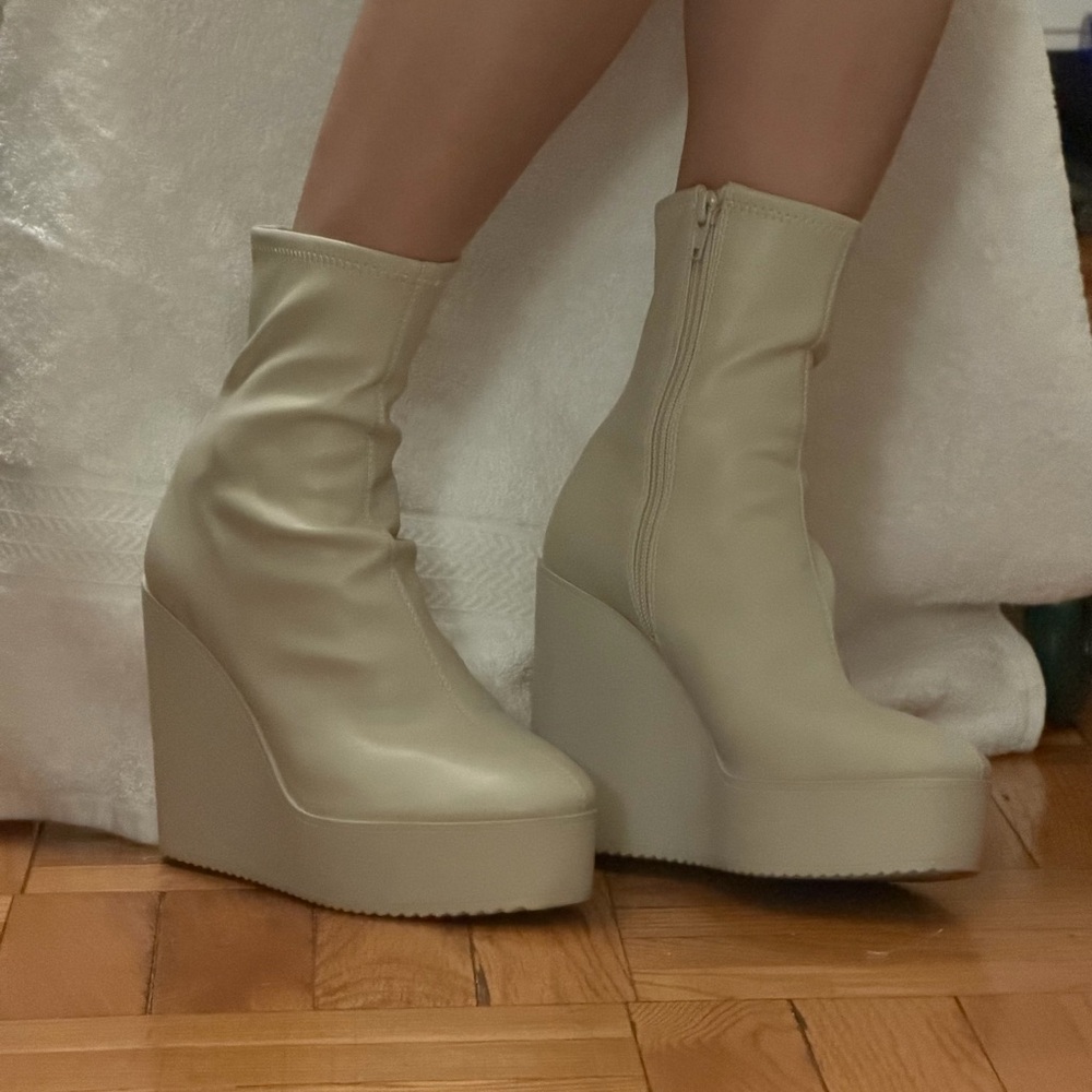 Cream Platform Wedge Ankle Boots